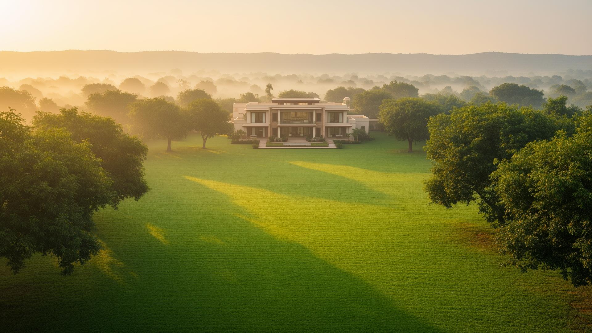 Sprawling green private estate land with a luxury villa in Rajasthan at sunrise